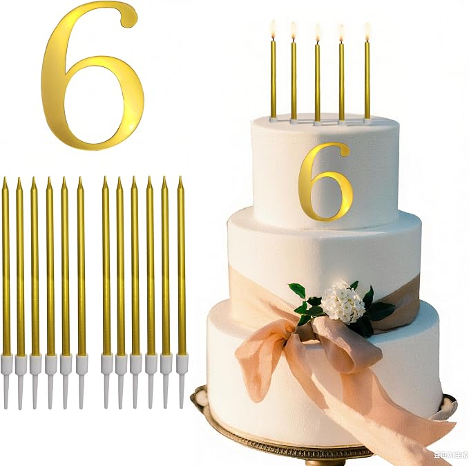 3.7IN Gold Acrylic Number 6/9 Cake Topper with 12 Gold Long Candles - Perfect for 6th and 9th Birthday Party Supplies, Ideal for Cake Decoration