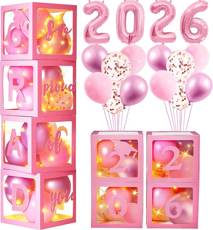 AYGXU Graduation decorations class of 2026 pink- Graduation Decorations, Balloons Box (4PCS) with letters&balloons,balloon stand set for table,LED String Light,graduation party decorations