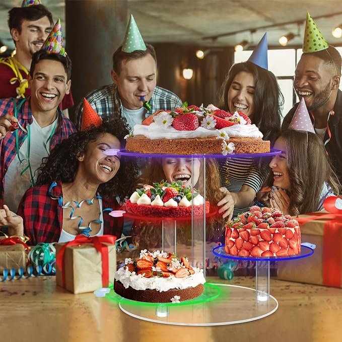 Cake Stand with Rechargable Light, 4 Tier LED Acrylic Cupcake Stand, Round Cake and Cupcake Stand Combo, Clear Tiered Cake Tower Stands for 50 Cupcakes, Display Stand for Wedding Birthday Party