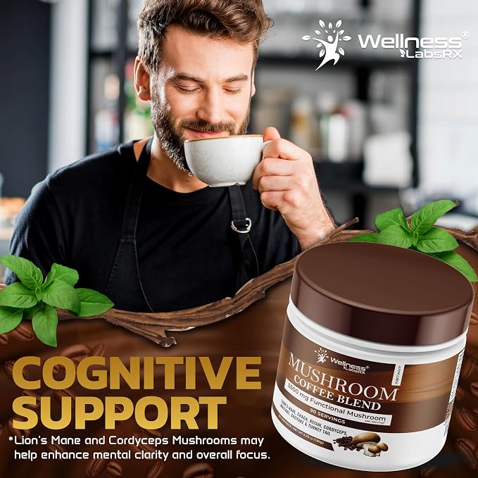 Mushroom Coffee, 90 Servings Organic Mushrooms Instant Coffea, Great Tasting Colombian Keto Coffee, 7 Superfood Mishrooms Lions Mane, Chaga, Reishi, Cordyceps, Maitake, Shiitake, and Turkey Tail - Pack of 2