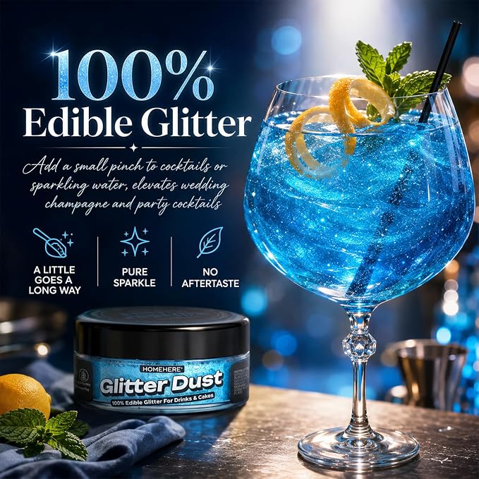HomeHere Edible Glitter for Drinks & Cakes, 10g Food Grade Disco Diamond Glimmer Dust, Sparkle Powder for Cocktails, Chocolate, Baking Decorations, Vegan& Tasteless (Bule)