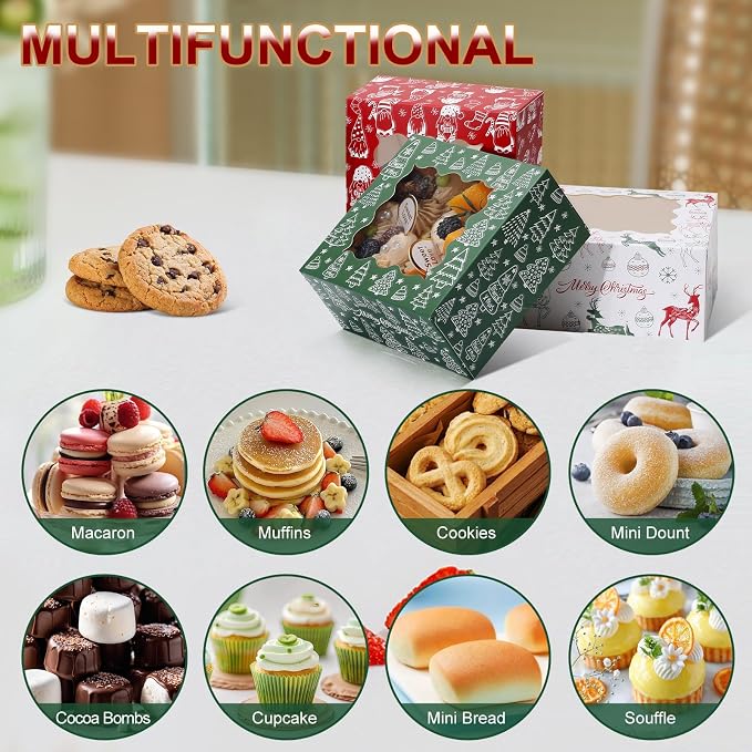COTOPHER 30Pcs Christmas Cookie Boxes for Gift Giving, 6x6x3 inch Bakery Box with Window, Xmas treat Boxes for Holiday Party Favor Pastries, Cupcakes, Muffins Donuts Chocolate, Gift Wrapping