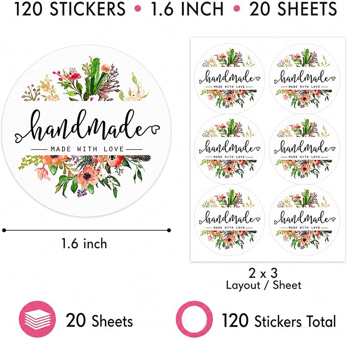 Handmade with Love Packaging Stickers: Made with Love Labels for Makers | 120pcs 1.6 Inch Paper Stickers For Handmade Product Packaging Kraft Bags Gift Boxes And Craft Orders