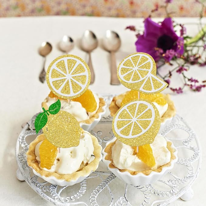 Rsstarxi 24 Pack Yellow Lemon Cupcake Toppers Glitter Fruit Lemon Cupcake Picks for Baby Shower Birthday Anniversary Party Cake Decorations Supplies