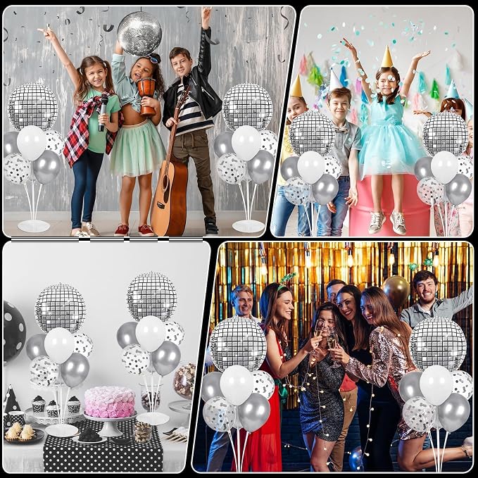 4 Sets Silver Disco Ball Party Balloons Stand Kit with 4 Ball Foil Balloons Disco Themed Balloon 70s 80s 90s Dance Party Balloon Centerpiece for Tables Birthday Prom Graduation Decorations 2026