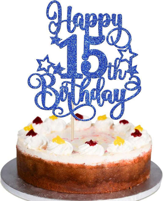 1 PCS Happy 15th Birthday Cake Topper Glitter Cheers to 15 Years Birthday Cake Pick Hello 15 Fabulous Cake Decoration for Happy 15th Birthday Anniversary Party Decorations Supplies Blue