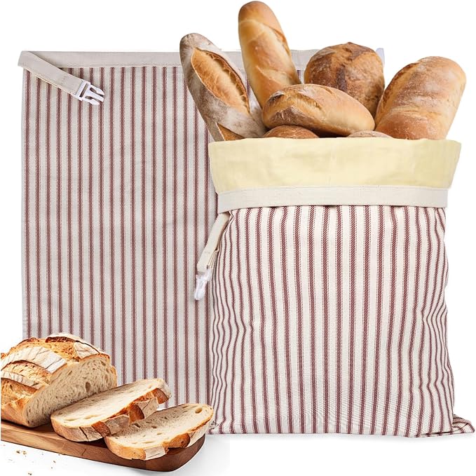 Stripe Reusable Beeswax Bread Bags for Homemade Bread & Sourdough, 2-Pack XL Airtight Food Storage Bags, Organic Cotton Linen Covers - Freezer-Friendly Freshness Preservation Keeps Fresh Longer