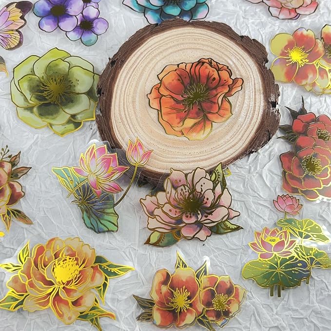 50Pcs Transparent Gilded Elegant Floral Scrapbook Stickers Pack, Vintage Aesthetic Flowers Stickers for Scrapbook Journal, PET Waterproof for Water Bottles Laptop Phone Scrapbook Supplies DIY Crafts