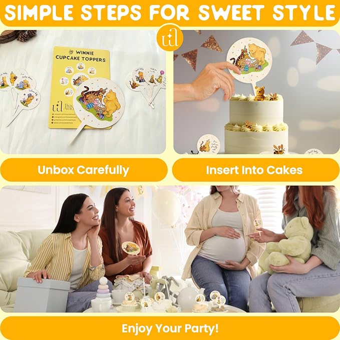 Woodamore Pooh Cupcake Toppers Birthday Decorations - Pooh Bear Baby Shower Cupcake Toppers, Cup Cake Topper For Pooh Baby Shower Decorations Ideas