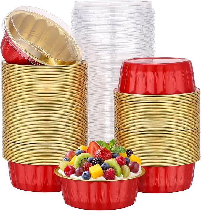 Beasea 8oz Disposable Ramekins with Lids, 120 Pack 235ml Aluminum Foil Baking Cups, Round Muffin Mini Creme Brulee Cups Tins Individual Cupcake Containers for Party Wedding - Red Gold