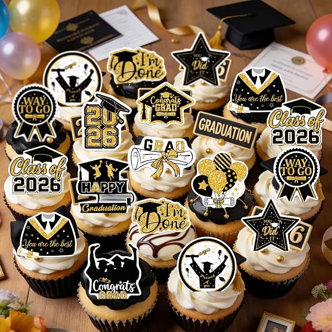 48pcs Edible 2026 Graduation Cupcake Toppers Wafer Paper Gold Class of 2026 Cake Decorations Edible Congrats Grad Cupcake Picks for 2026 Graduation Theme Party Cake Supplies