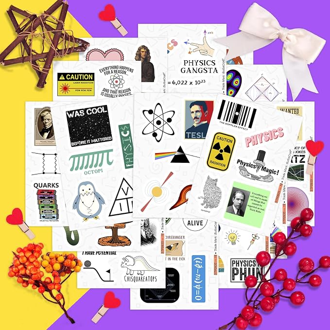 BulbaCraft Physics Stickers for Water Bottle and Laptop - Science Party Supplies & Decorations, Waterproof Vinyl Decals, Physics Formulas Stickers, Gifts for Women & Men