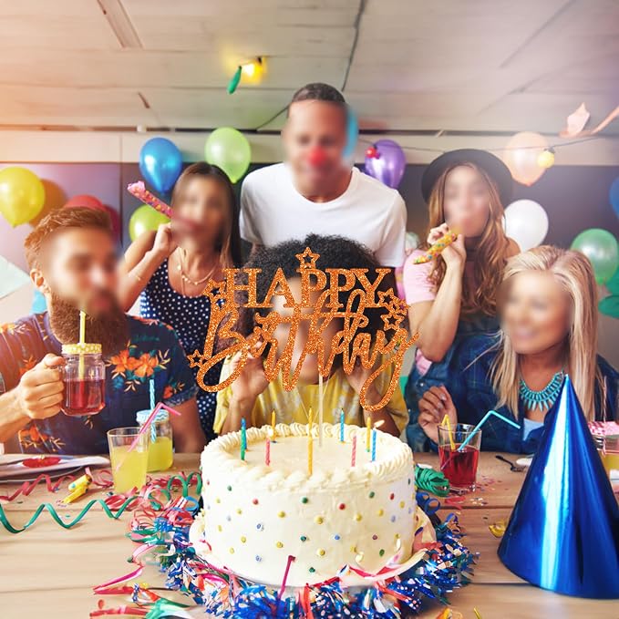 Gyufise 1Pcs Happy Birthday Cake Topper Glitter Cake Pick for Celebrating Anniversary Theme Party Cake Decorations Supplies Light Orange