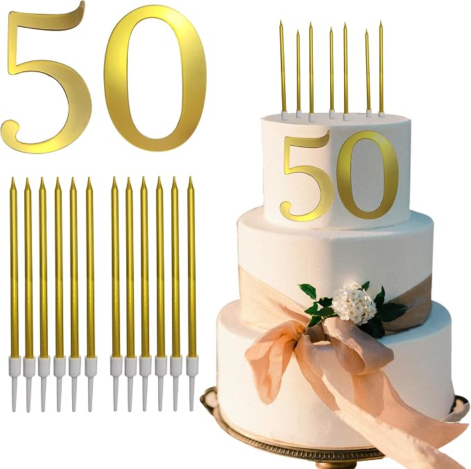 3.7IN Gold Acrylic Number 1-10 Cake Topper with 12 Gold Long Candles - Perfect for Birthday Party Supplies, Ideal for Cake Decoration (Number 50, Gold)