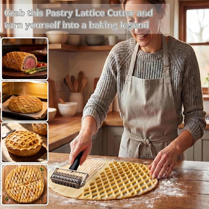 AMPSEVEN Pastry Lattice Roller Cutter - Professional Stainless Steel Dough Lattice for Pie Pizza Bread, beef wellington, Pastry Crust Roller Cutter