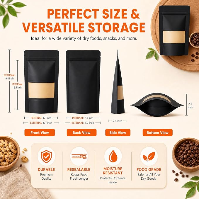 100 Pcs Black Kraft Paper Bags with Window, 6.7" x 9.4" Stand Up Pouches Bags, Food Storage Bags for Packaging Products, Reusable, Sealable