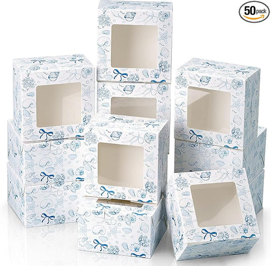 50 Pack Blue Seashell Cookie Boxes with Window, Blue Bow Coastal Nautical Treat Boxes for Beach Wedding, Baby Boy Shower & Under the Sea Party Bakery Favors for Cookies & Macarons
