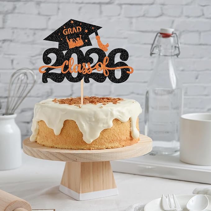 1 Pack Class of 2026 Cake Topper Glitter Congrats Grad Cap 2026 Graduation Cake Pick Decoration for 2026 Graduation Theme High School Graduate Party Cake Decorations Supplies Orange