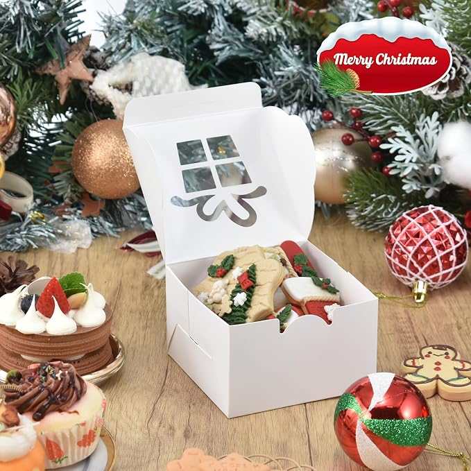 COTOPHER 18Pcs Christmas Cookie Boxes with Window, 4x4x2.5 inch White Bakery Boxes for Gift Giving, Mini Cake Boxes Holiday Pastries Boxes for Cakes Muffins Donuts Chocolate Strawberries