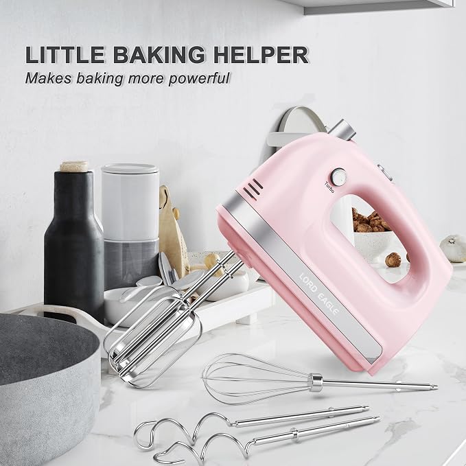 Lord Eagle Hand Mixer Electric Handheld 400W, 5-Speed Lightweight Kitchen Mixer with Storage Case, 5 Stainless Steel Attachments for Baking Cake Egg Cream Food Beater, Turbo+Eject Button, Pink