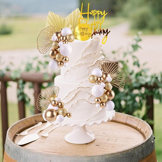 MEMOVAN White Gold Balls Cake Toppers Champagne Rose Cake Decoration with Gold Palm Leaves Boho Birthday Cake Decoration Balloon Cake Insert for Birthday Bohemian Wedding Baby Shower Party
