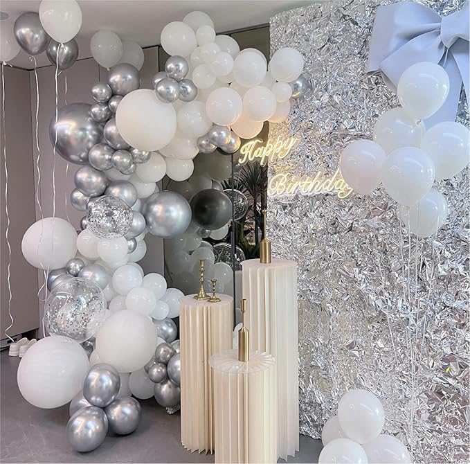 136pcs White and Silver Balloons Garland Arch Kit With Clear Balloons,18 12 10 5 Inch Party Latex Balloons for Birthday Wedding Anniversary Party Decorations