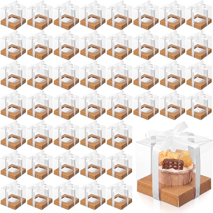 Thenshop 50 Pcs Clear Cupcake Boxes Individual 3.5 Inch Plastic Single Cupcake Containers Boxes with Inserts and Ribbon Individual Cake Storage Holders for Cake Kitchen (Kraft)