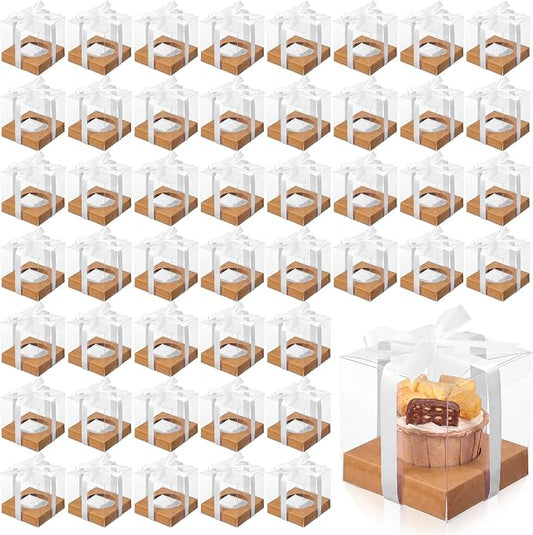 Thenshop 50 Pcs Clear Cupcake Boxes Individual 3.5 Inch Plastic Single Cupcake Containers Boxes with Inserts and Ribbon Individual Cake Storage Holders for Cake Kitchen (Kraft)