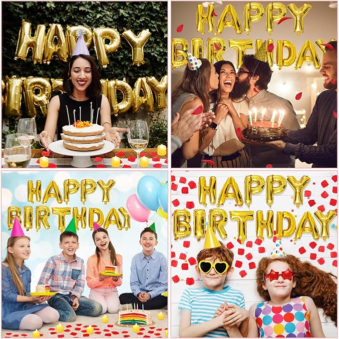 Red and Gold Happy Birthday Balloons Decorations Happy Birthday Letter Balloons Banner with 24pcs Flameless LED Candles and 2000pcs Artificial Rose Petals for Women Men Room Party Decorr