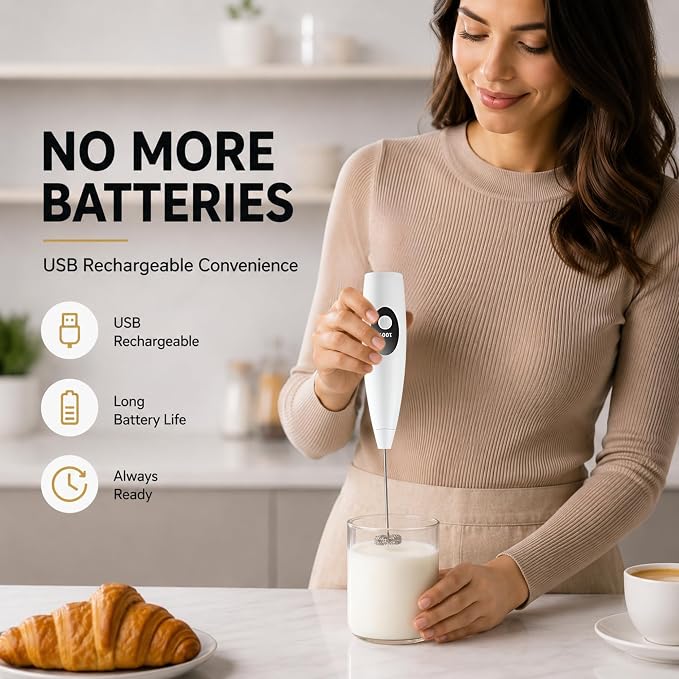 Rechargeable Milk Frother Handheld, 3-Speed Electric Frother Wand, Digital Display Drink Mixer Wand, Coffee Frother Handheld for Cappuccino Latte, Portable Hand Mixer for Coffee