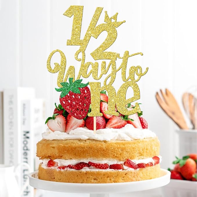 1 PCS Strawberry Half Way to One Cake Topper Glitter Happy 6 Months Birthday Cake Pick 1/2 Berry Sweet Half Birthday Cake Decoration for Strawberry Theme Baby 6 months Birthday Party Supplies Gold