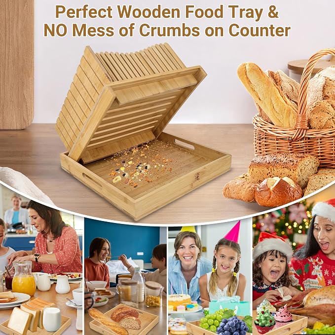 Hogarbliss Bread Slicer for Homemade Bread, 10.5″Adjustable Bread Cutter with Crumb Tray, Compact&Foldable Bread Loaf Slicer for Sandwiches and Round, Bamboo Bread Cutting Board-Kitchen Gadget & Gifts