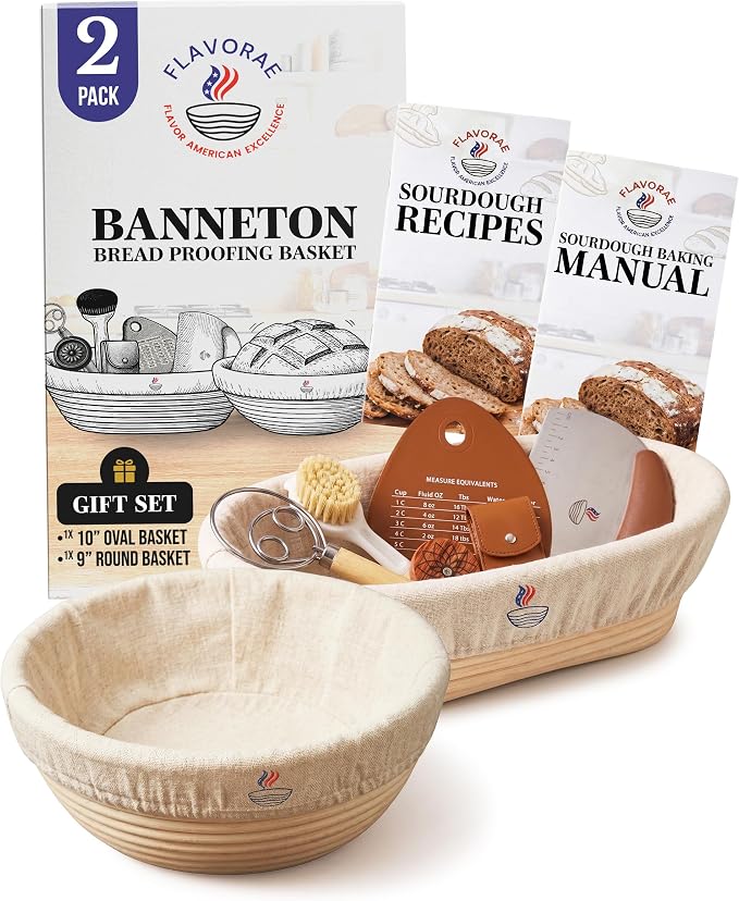 Banneton Bread Proofing Basket with Liners - Natural Rattan Dough Riser & Sourdough Starter Kit, Artisan Bread Loaves, Homemade Bread Making - 9” Round & 10" Oval Basket - 2 Pack