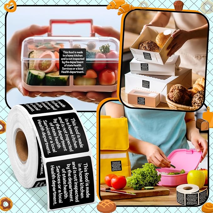 500 Count Cottage Food Law Labels Stickers 1.5” Black Square Food Stickers Made in a Home Kitchen Decal Thermal Printed Labels for Home Kitchen Bakery Bread Sourdough