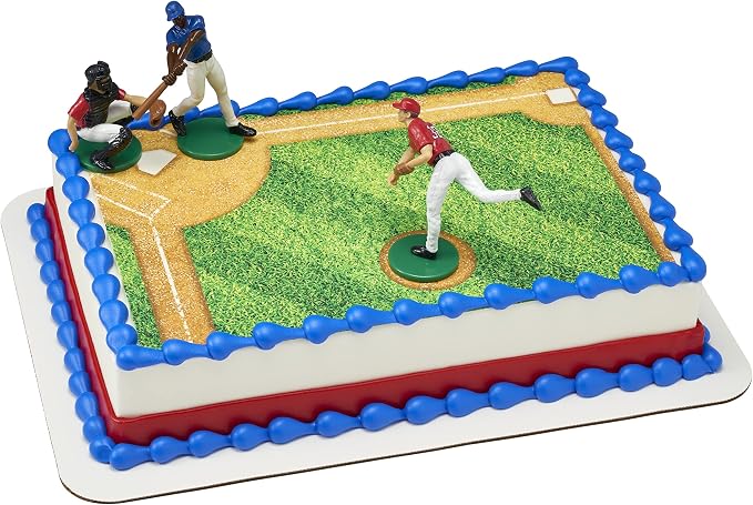 DecoSet® Batter Up 3 Piece Decorations Set, Cake and Cupcake Toppers for Baseball Themed Birthdays, Celebrations, and Parties, Food Safe, Re-usable, Red, Blue