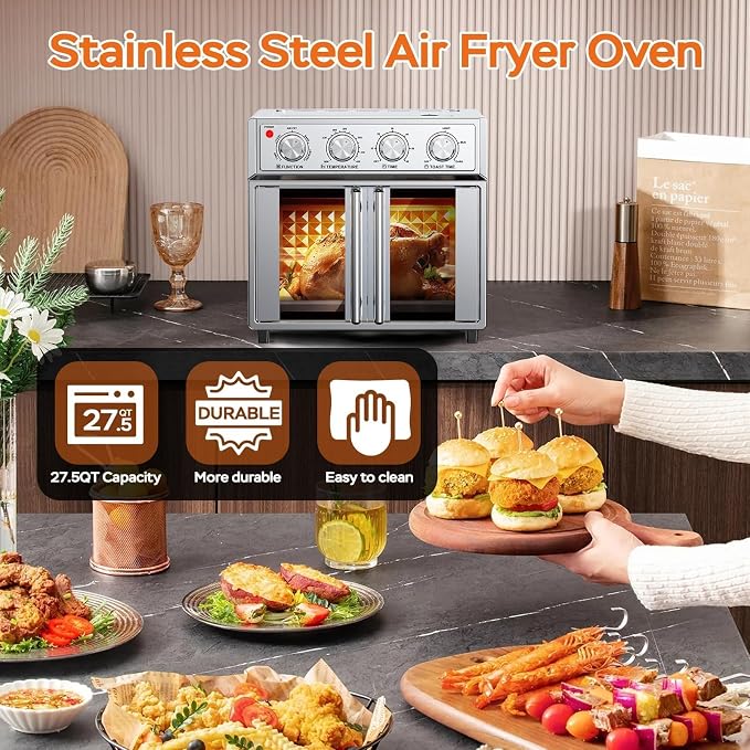 PlumChef 27.5 Qt Air Fryer Convection Toaster Oven, Stainless Steel | Extra Large, 6 Slices, French Door, 1700W, Multifunction: Air Fry, Toast, Grill, Defrost, Bake
