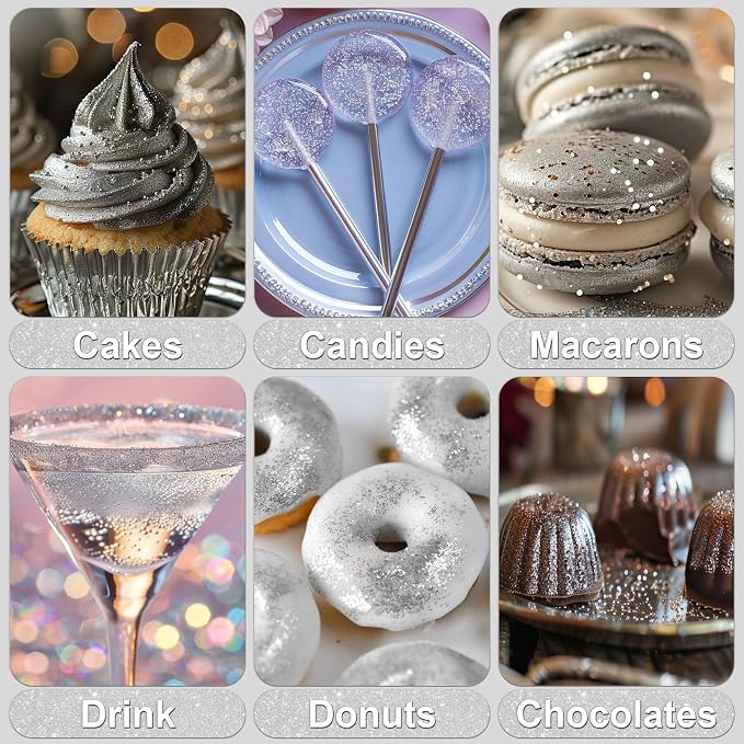 Silver Edible Glitter - 5g Food Grade Cake Decorating Shimmering Glitter, Edible Sprinkle Luster Dust for Drinks, Chocolates, Fondant, Strawberries, Cupcakes, Candy, Easter Cookie - Vegan