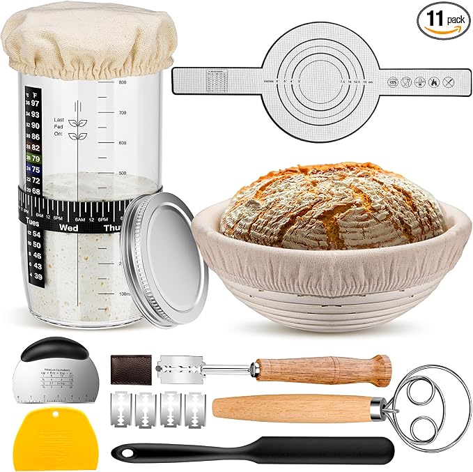 Sourdough Starter Kit, 9'' Round Banneton Proofing Basket, 36oz Sourdough Starter Jar, Bread Lame, Dough Scraper, Dough Whisk & Silicone Bread Sling