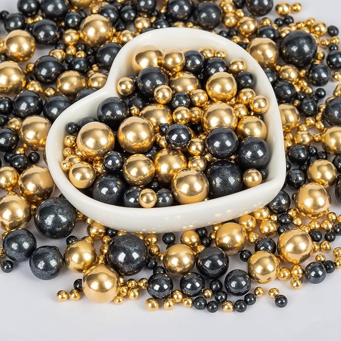 Edible Pearl Sprinkles for Cake Decorating,130g Black and Gold Candy Sprinkle Mixing Size,Baking Pearls Cake Cupcake Toppers,Cookie Donuts Ice Cream Decorations,Wedding Birthday Party Supplies