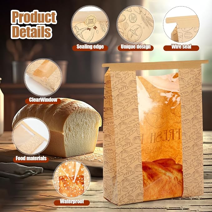 Feifeiya 200 Pack Kraft Paper Bread Bags for Homemade Sourdough Bread Bag with Clear Window 13.7 x 8.2 x 3.5 Large Bakery Packaging for Treat Storage Gift Giving with Seal Sticker
