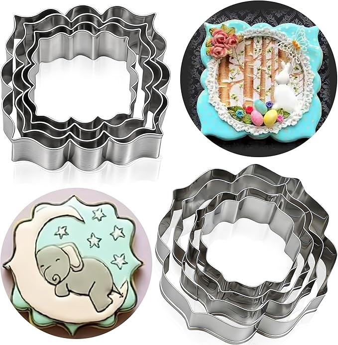 Circle and Square Fancy Plaque Frame Cookie Cutters Shapes Molds - Stainless Steel 8pcs, Fondant Cutters for Baking,Wedding,Birthday,Christmas, for DIY Decorations (Stainless steel)