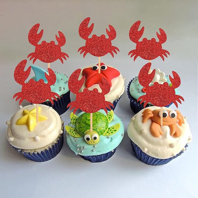 24 PCS Crab Cupcake Toppers Red Glitter Ocean Crab Cupcake Picks Seafood Ocean Animal Theme Baby Shower Kids Birthday Party Cake Decorations Supplies