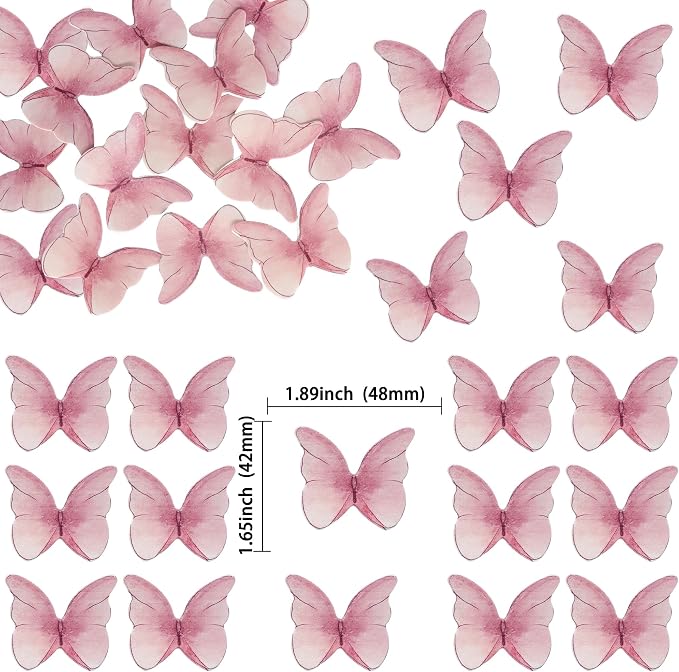 Ephlyn 48Pcs Edible 3D Butterfly Cupcake Toppers - Cute Cake Picks for Baby Shower, Bridal Shower, Birthday Party - Pink