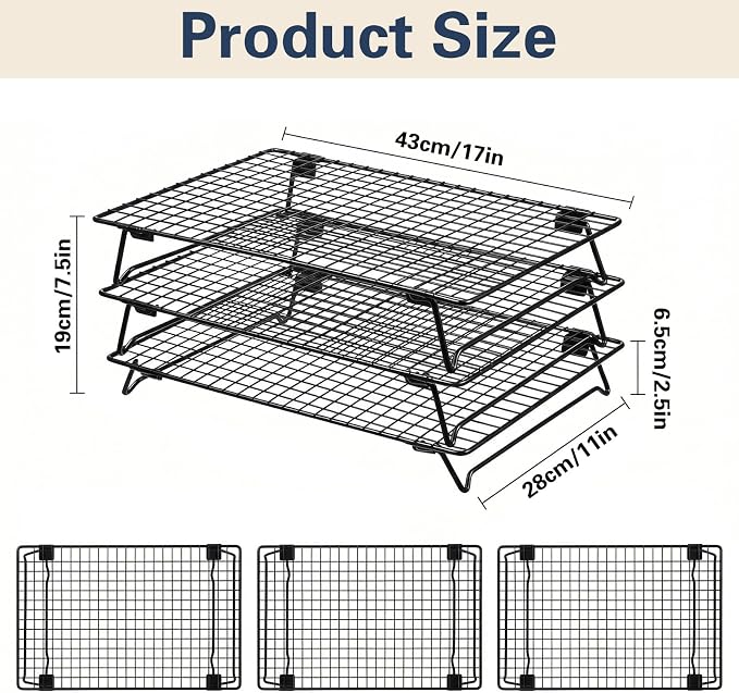3-Tier Stackable Cooling Rack for Cooking and Baking, 17" x 11" Large Black Wire Cooling Rack, Foldable & Heavy Duty Cookie Cooling Rack, Oven Safe Baking Rack