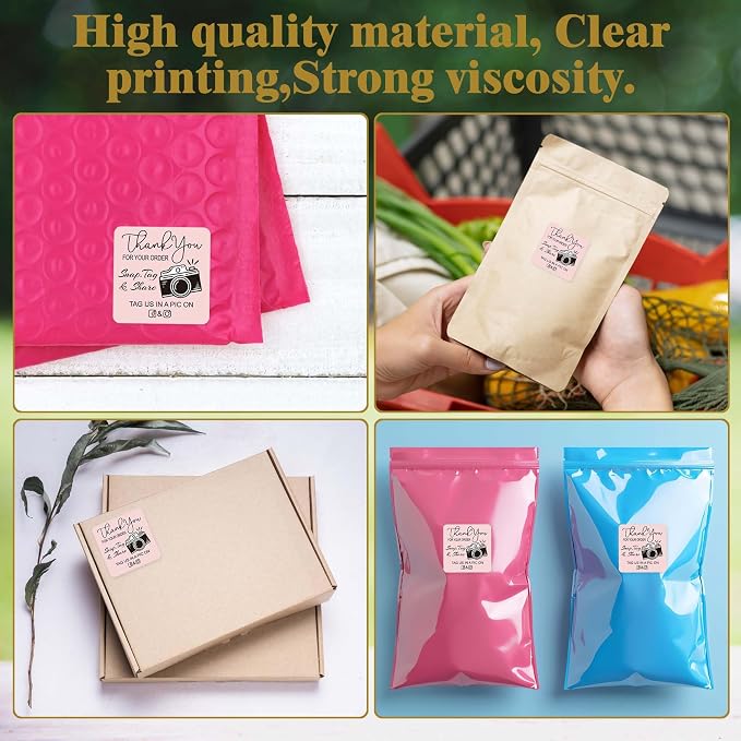 Thank You for Your Order Stickers Roll, Retro Camera Design Customer Review Stickers, Pink Square Stickers, Handmade Boutique Snap Tag Share Packaging Stickers Cute - 500pcs