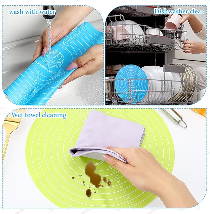 Qianyu 3Pcs Round Cake Turntable Mat Silicone Baking Mat with Measurements Reusable Silicone Baking Mats Non Stick Heat Resistant Pastry Bake Sheet for Pizza Pan Rolling Dough Pastry