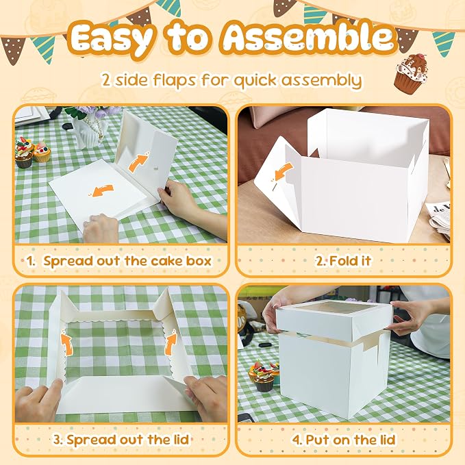 7 Pack Cake Boxes, 10x10x8 Inches Tall Cakes Box with Window, White Cake Boxes with Cakes Boards, Square Bakery Box, for Cake, Treat Cookie Dessert, Pastry, Birthday Party, Mother's Day, Weddings