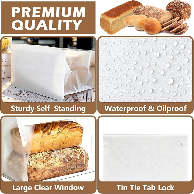 50 Pack Extra Large Paper Bread Bags for Homemade Bread Sourdough Bags, 13.7x10.6x5.5 Inches Resealable Tin Tie Tab Lock Bakery Loaf Bag with Window, Baked Goods Packaging for Gifting and Bake Sale