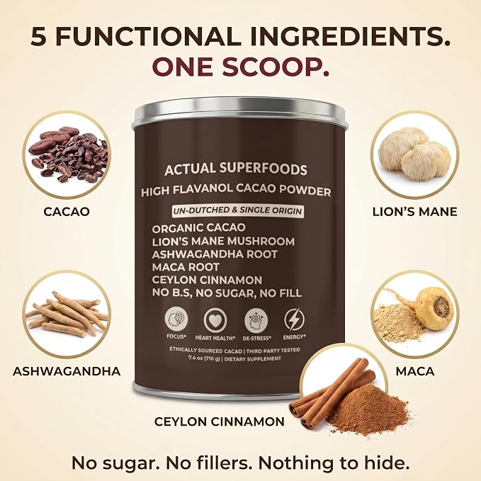 High Flavanol Cacao Powder Blend - Flavanols & Flavanoids - Organic Coffee Alternative with Lions Mane, Ashwagandha, Maca & Ceylon Cinnamon - 7.4 ounces - Morning Focus & Energy Ritual