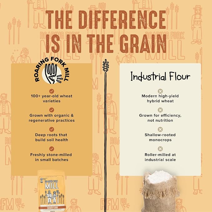 Roaring Fork Mill Emmer 00 Flour - Stone-Milled USDA Organic & Regenerative Organic Certified heritage and Ancient Grain Flour, Regenerative Baking Flour for Bread, Pasta & Artisan Baking